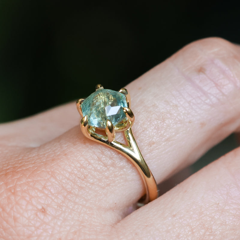 2.60ct Unheated Hexagon Montana Sapphire Low Profile Six Prong Split Shank Solitaire in 18k Yellow Gold