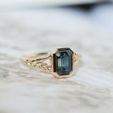 2.15ct Emerald Cut Madagascar Sapphire Wandering Vine Low Profile Bezel Split Shank Ring in 14k Yellow Gold
