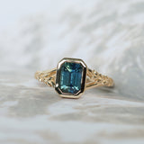 2.15ct Emerald Cut Madagascar Sapphire Wandering Vine Low Profile Bezel Split Shank Ring in 14k Yellow Gold