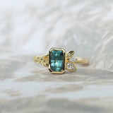 1.45ct Untreated Montana Sapphire Wandering Vine Low Profile Bezel Ring with Pear Diamond in 18k Yellow Gold