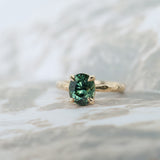 3.13ct Untreated Parti Green Oval Madagascar Sapphire Evergreen 4 Prong Carved Stackable Solitaire in 14k Yellow Gold