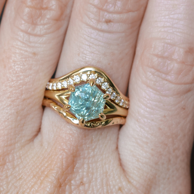 2.60ct Unheated Hexagon Montana Sapphire Low Profile Six Prong Split Shank Solitaire in 18k Yellow Gold