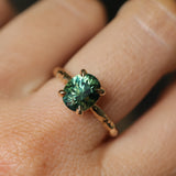 3.13ct Untreated Parti Green Oval Madagascar Sapphire Evergreen 4 Prong Carved Stackable Solitaire in 14k Yellow Gold