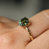 3.13ct Untreated Parti Green Oval Madagascar Sapphire Evergreen 4 Prong Carved Stackable Solitaire in 14k Yellow Gold
