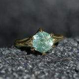 2.60ct Unheated Hexagon Montana Sapphire Low Profile Six Prong Split Shank Solitaire in 18k Yellow Gold