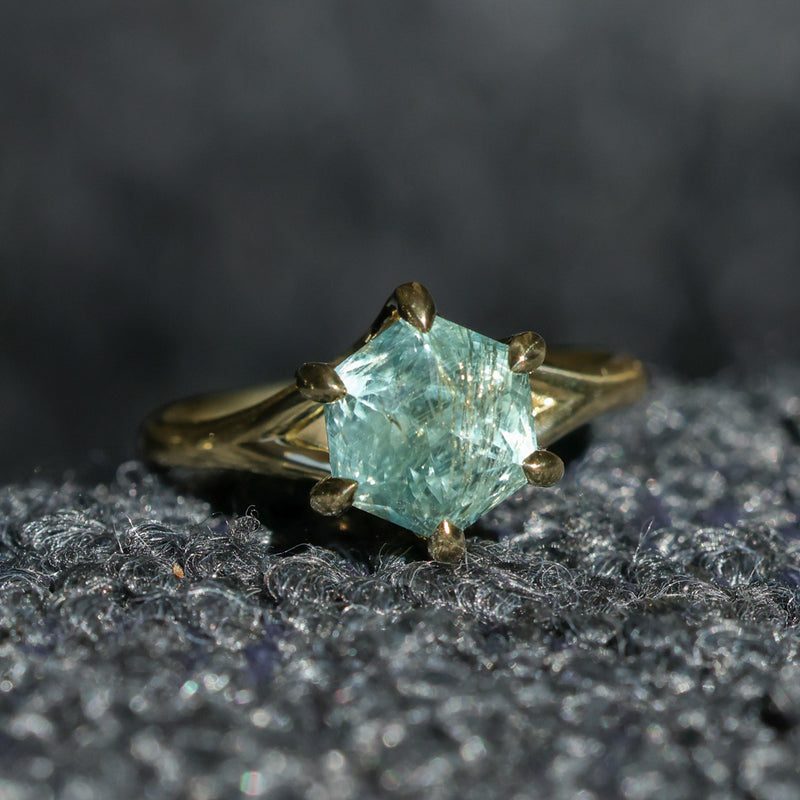 2.60ct Unheated Hexagon Montana Sapphire Low Profile Six Prong Split Shank Solitaire in 18k Yellow Gold