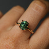 3.13ct Untreated Parti Green Oval Madagascar Sapphire Evergreen 4 Prong Carved Stackable Solitaire in 14k Yellow Gold
