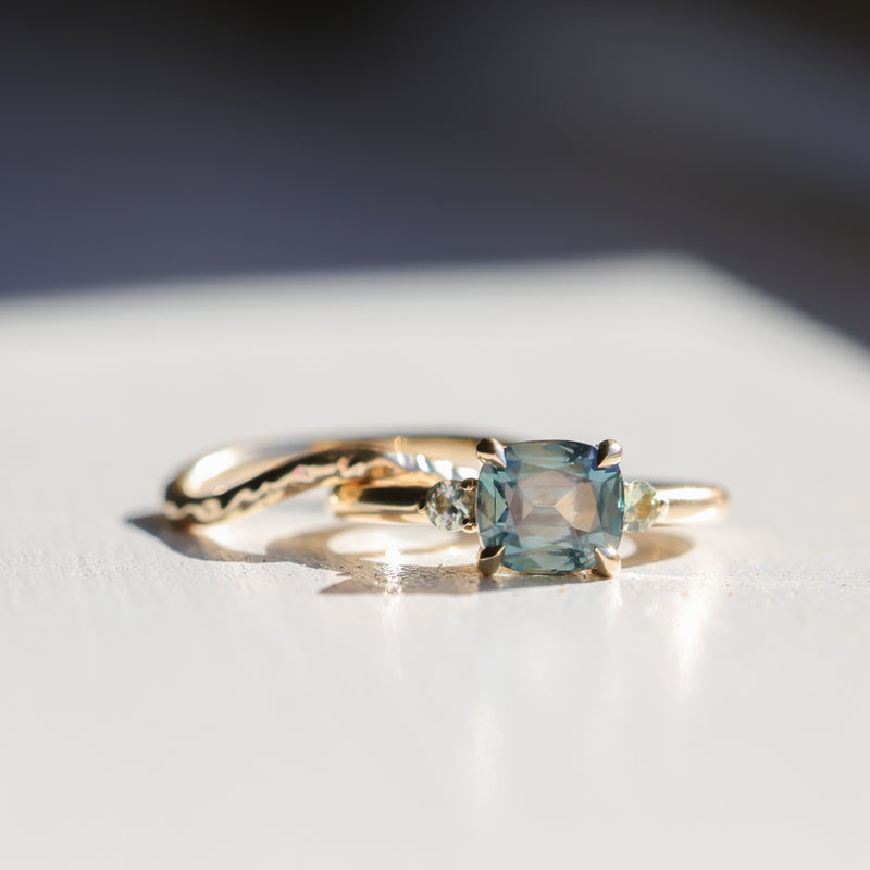 2.17ct Unheated Antique Style Cushion Cut Montana Sapphire Dainty Three Stone Ring in 14k Yellow Gold