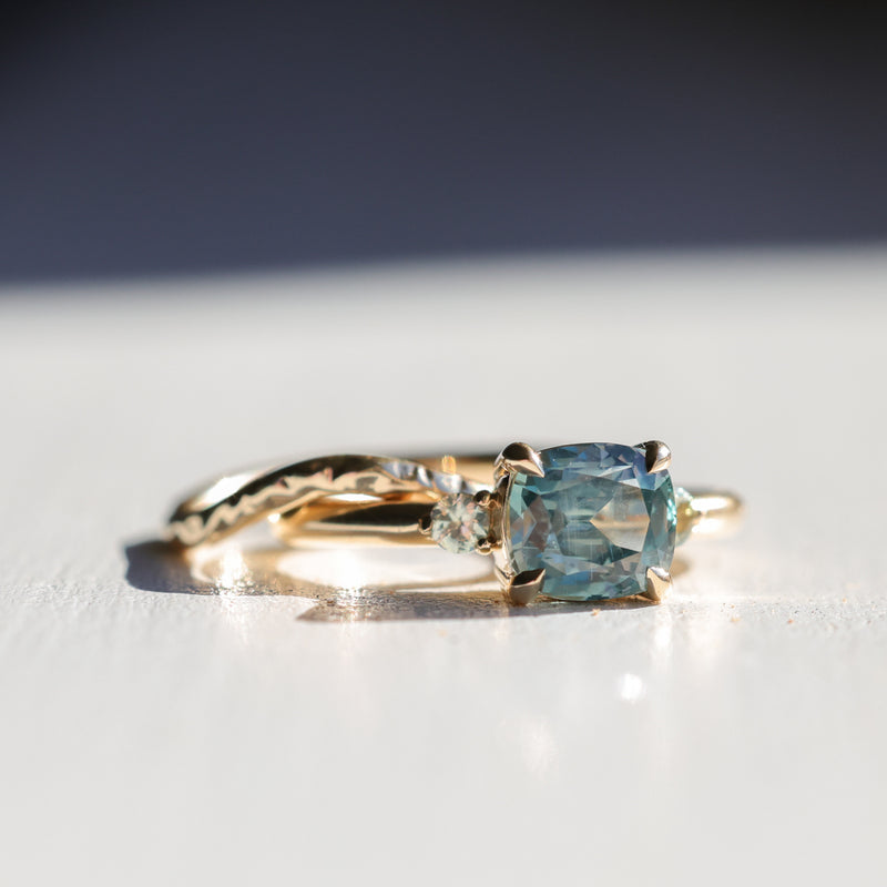 2.17ct Unheated Antique Style Cushion Cut Montana Sapphire Dainty Three Stone Ring in 14k Yellow Gold
