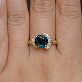 3.05ct Round Deep Blue Green Madagascar Sapphire and Diamond Evergreen Asymmetrical Cluster Ring in 8k Yellow Gold