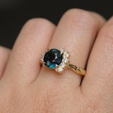 3.05ct Round Deep Blue Green Madagascar Sapphire and Diamond Evergreen Asymmetrical Cluster Ring in 8k Yellow Gold