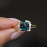 3.05ct Round Deep Blue Green Madagascar Sapphire and Diamond Evergreen Asymmetrical Cluster Ring in 8k Yellow Gold