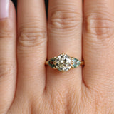 1.64ct Vintage Transitional Cut Diamond and Trillion Australian Sapphire Antique Style Compass Set Low Profile Ring with Scallop Details in 18k Yellow Gold