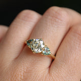 1.64ct Vintage Transitional Cut Diamond and Trillion Australian Sapphire Antique Style Compass Set Low Profile Ring with Scallop Details in 18k Yellow Gold