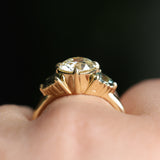 1.64ct Vintage Transitional Cut Diamond and Trillion Australian Sapphire Antique Style Compass Set Low Profile Ring with Scallop Details in 18k Yellow Gold