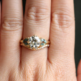 1.64ct Vintage Transitional Cut Diamond and Trillion Australian Sapphire Antique Style Compass Set Low Profile Ring with Scallop Details in 18k Yellow Gold