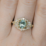 1.49ct Elongated Cushion Cut Montana Sapphire and Diamond Floral Halo in 18k Yellow Gold