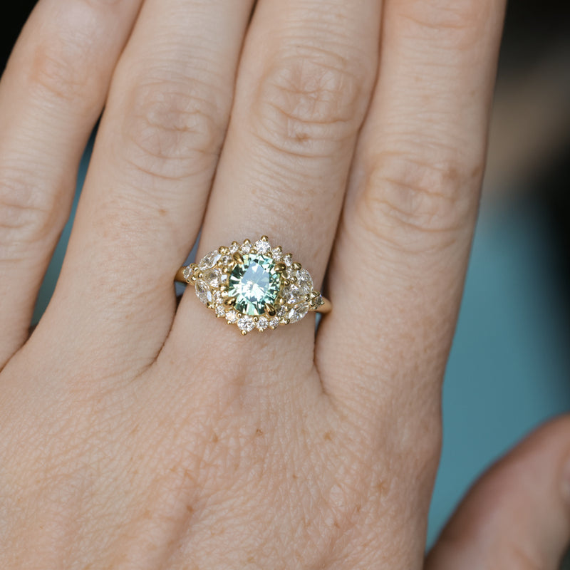 1.49ct Elongated Cushion Cut Montana Sapphire and Diamond Floral Halo in 18k Yellow Gold