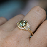 1.49ct Elongated Cushion Cut Montana Sapphire and Diamond Floral Halo in 18k Yellow Gold