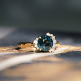 3.05ct Round Deep Blue Green Madagascar Sapphire and Diamond Evergreen Asymmetrical Cluster Ring in 8k Yellow Gold
