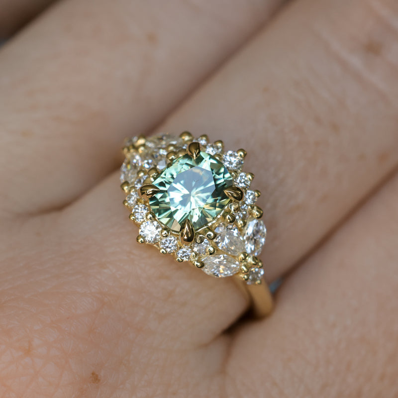 1.49ct Elongated Cushion Cut Montana Sapphire and Diamond Floral Halo in 18k Yellow Gold