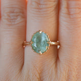3.93ct Untreated Oval Seafoam Montana Sapphire Scallop Cup Solitaire in 14k Yellow Gold