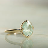 3.93ct Untreated Oval Seafoam Montana Sapphire Scallop Cup Solitaire in 14k Yellow Gold