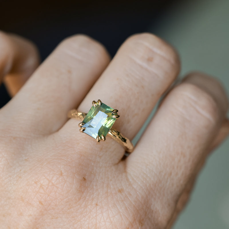 3.01ct Madagascar Parti Radiant Cut Sapphire Double Prong Evergreen Carved Stackable Solitaire in 14k Yellow Gold