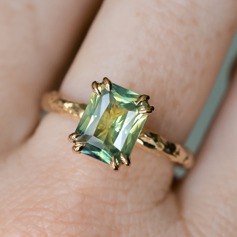 3.01ct Madagascar Parti Radiant Cut Sapphire Double Prong Evergreen Carved Stackable Solitaire in 14k Yellow Gold