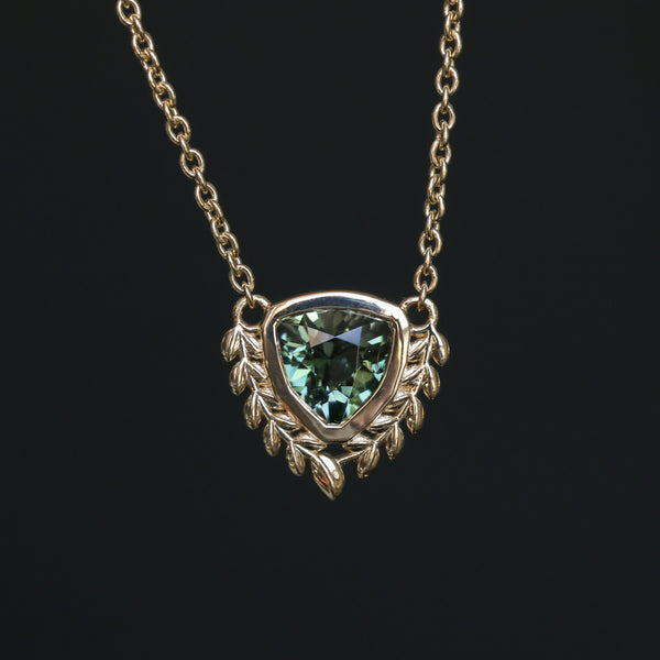 1.87ct ANZA Green Trillion Untreated Tanzanian Sapphire Vine Frame Necklace in 14k Yellow Gold