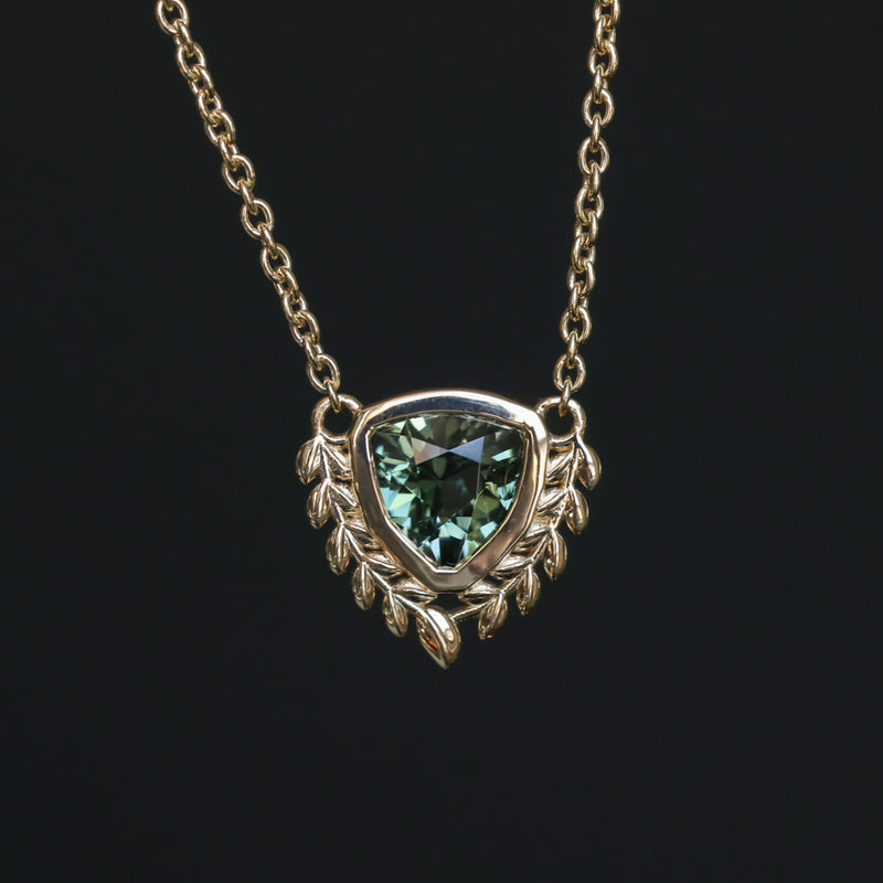 1.87ct ANZA Green Trillion Untreated Tanzanian Sapphire Vine Frame Necklace in 14k Yellow Gold