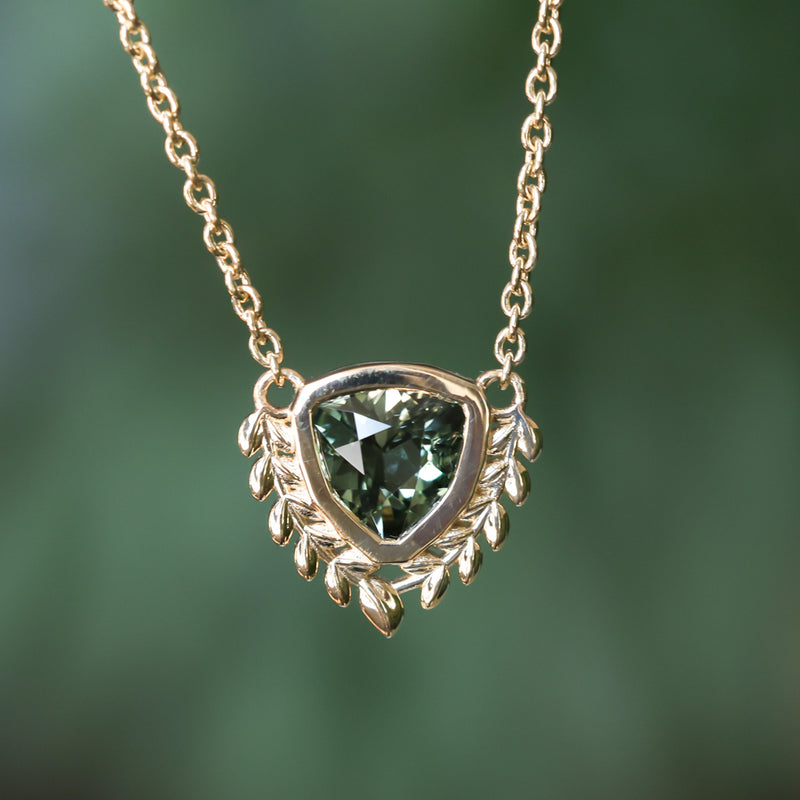 1.87ct ANZA Green Trillion Untreated Tanzanian Sapphire Vine Frame Necklace in 14k Yellow Gold