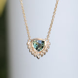 1.87ct ANZA Green Trillion Untreated Tanzanian Sapphire Vine Frame Necklace in 14k Yellow Gold
