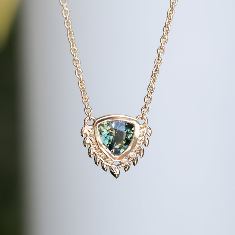 1.87ct ANZA Green Trillion Untreated Tanzanian Sapphire Vine Frame Necklace in 14k Yellow Gold