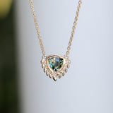 1.87ct ANZA Green Trillion Untreated Tanzanian Sapphire Vine Frame Necklace in 14k Yellow Gold