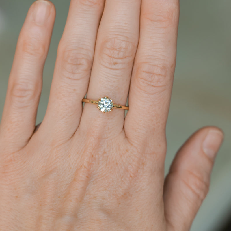 0.97ct Untreated Round Precision Cut Aqua Montana Sapphire Lotus Solitaire in 14k Yellow Gold