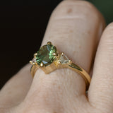 1.70ct Green Kenyan Fantasy Cut Sapphire and Diamond Antique Milgrain Three Stone Low Profile Ring in 18k Yellow Gold