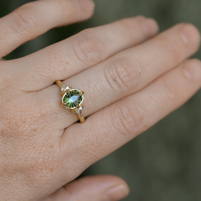 1.70ct Green Kenyan Fantasy Cut Sapphire and Diamond Antique Milgrain Three Stone Low Profile Ring in 18k Yellow Gold