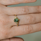 1.70ct Green Kenyan Fantasy Cut Sapphire and Diamond Antique Milgrain Three Stone Low Profile Ring in 18k Yellow Gold