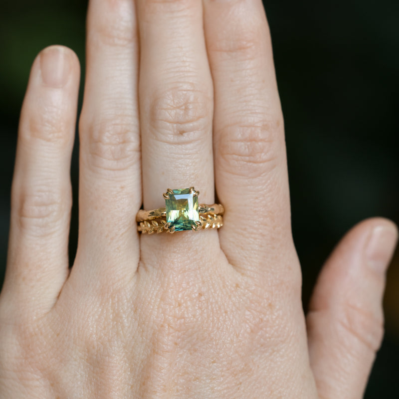 3.01ct Madagascar Parti Radiant Cut Sapphire Double Prong Evergreen Carved Stackable Solitaire in 14k Yellow Gold