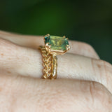 3.01ct Madagascar Parti Radiant Cut Sapphire Double Prong Evergreen Carved Stackable Solitaire in 14k Yellow Gold