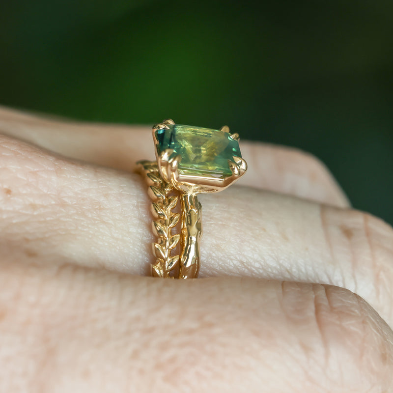 3.01ct Madagascar Parti Radiant Cut Sapphire Double Prong Evergreen Carved Stackable Solitaire in 14k Yellow Gold