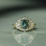 1.49ct Elongated Cushion Cut Montana Sapphire and Diamond Floral Halo in 18k Yellow Gold