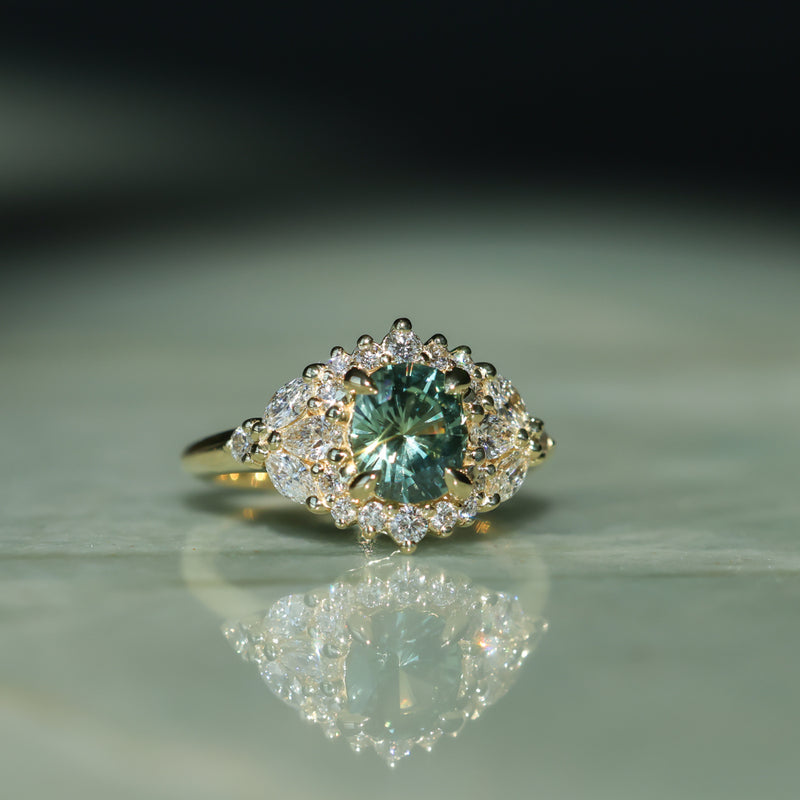 1.49ct Elongated Cushion Cut Montana Sapphire and Diamond Floral Halo in 18k Yellow Gold