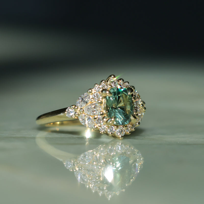 1.49ct Elongated Cushion Cut Montana Sapphire and Diamond Floral Halo in 18k Yellow Gold