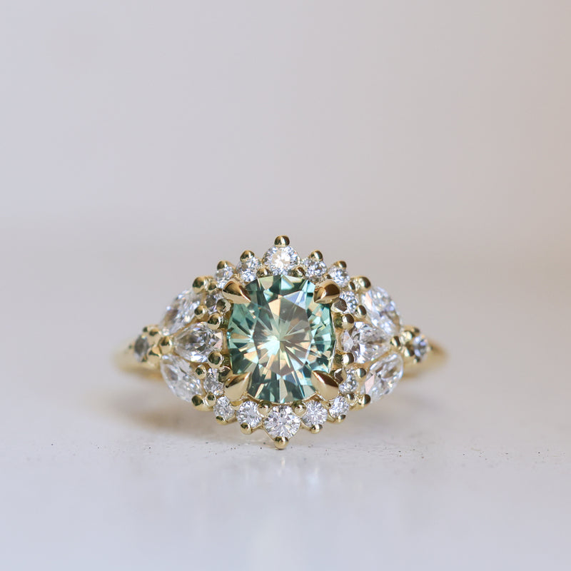 1.49ct Elongated Cushion Cut Montana Sapphire and Diamond Floral Halo in 18k Yellow Gold