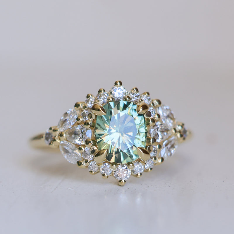 1.49ct Elongated Cushion Cut Montana Sapphire and Diamond Floral Halo in 18k Yellow Gold