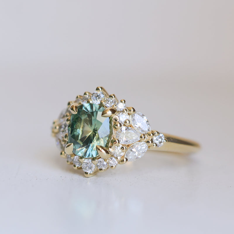 1.49ct Elongated Cushion Cut Montana Sapphire and Diamond Floral Halo in 18k Yellow Gold