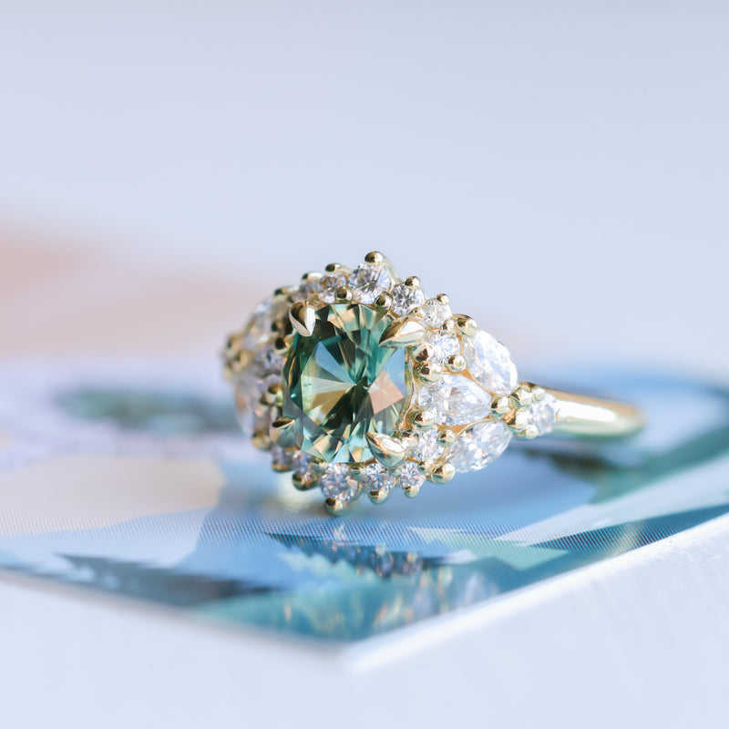 1.49ct Elongated Cushion Cut Montana Sapphire and Diamond Floral Halo in 18k Yellow Gold