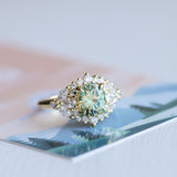 1.49ct Elongated Cushion Cut Montana Sapphire and Diamond Floral Halo in 18k Yellow Gold